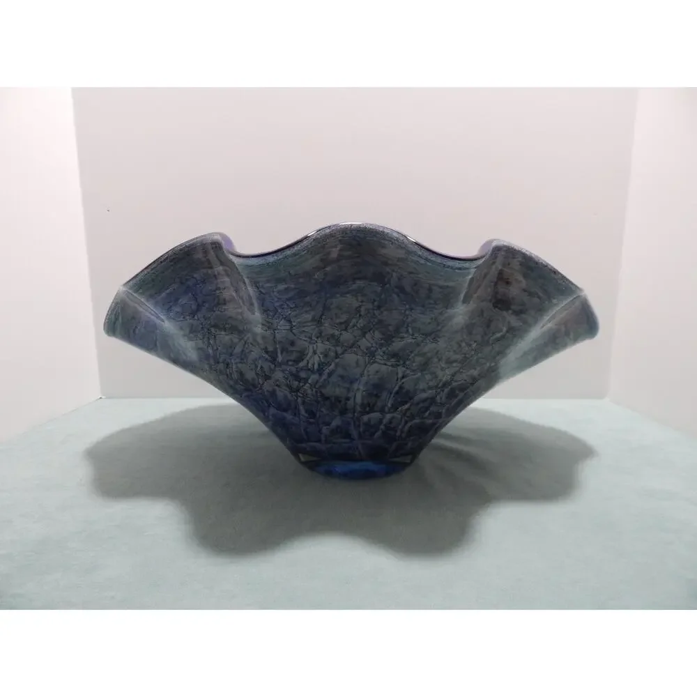Jozefina Krosno Hand Blown Glass Bowl Blue Gray Black Centerpiece Art